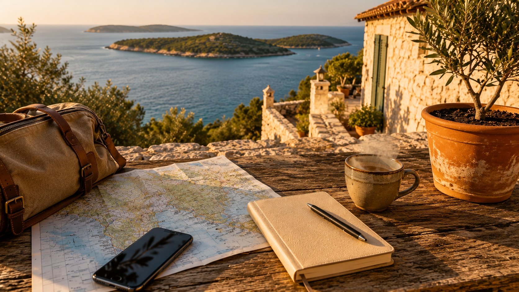 Karte und Notizbuch auf Terrasse mit weitem Meerblick – Pilot Kooperation.