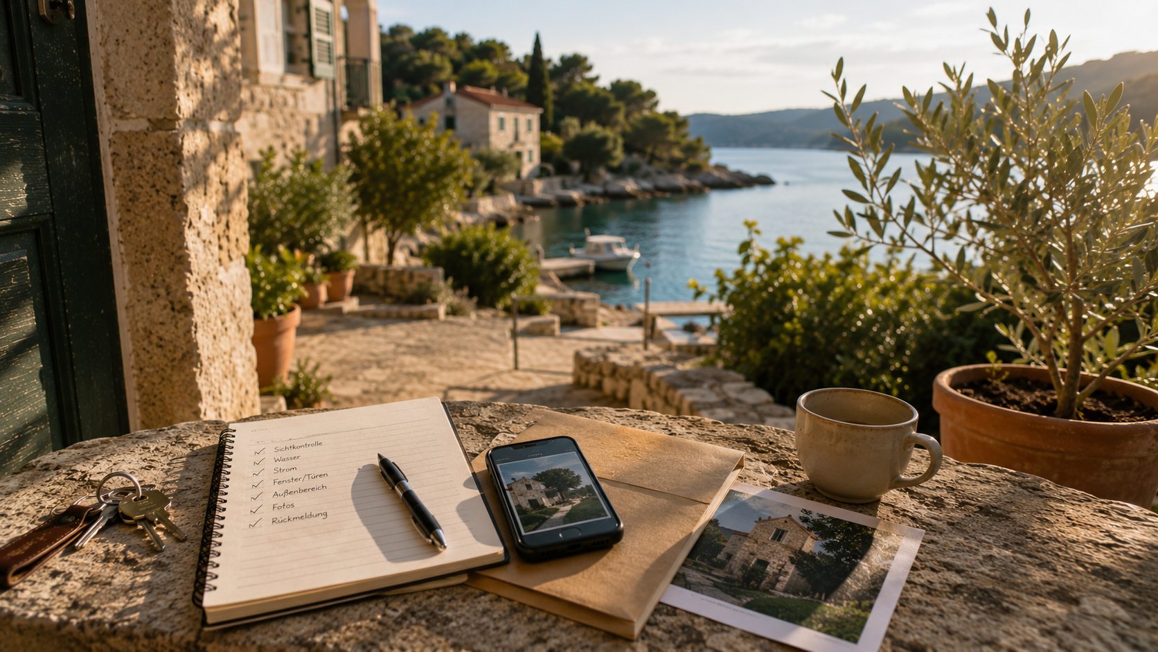 Control checklist – visual check, water, electricity – on clipboard with sea view, property service on Cres.
