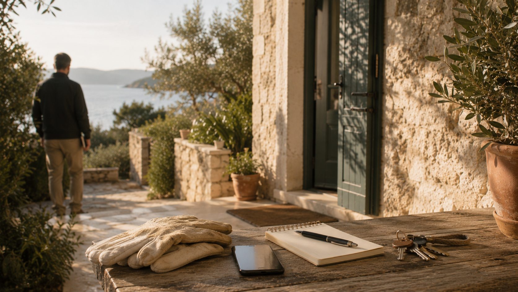 Keys, gloves and notebook in front of a stone house by the sea – property service on site.