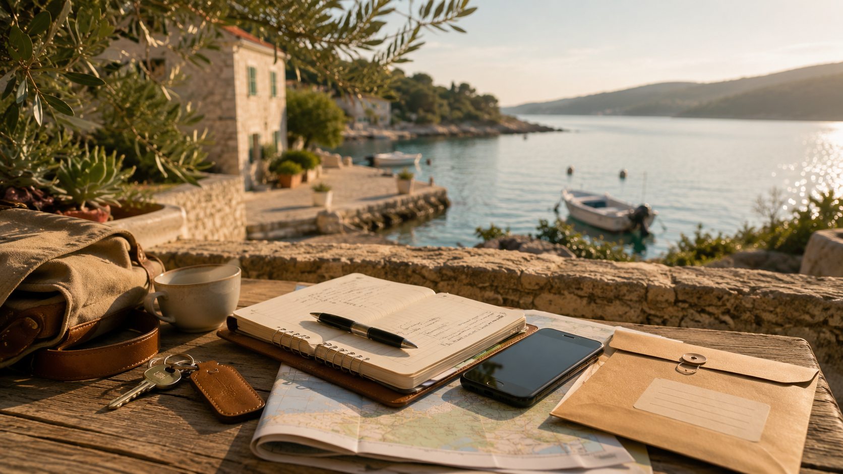 Reiseplanung mit Karte, Notizbuch und Kaffee an einer kroatischen Bucht – Pilot Reiseassistenz.