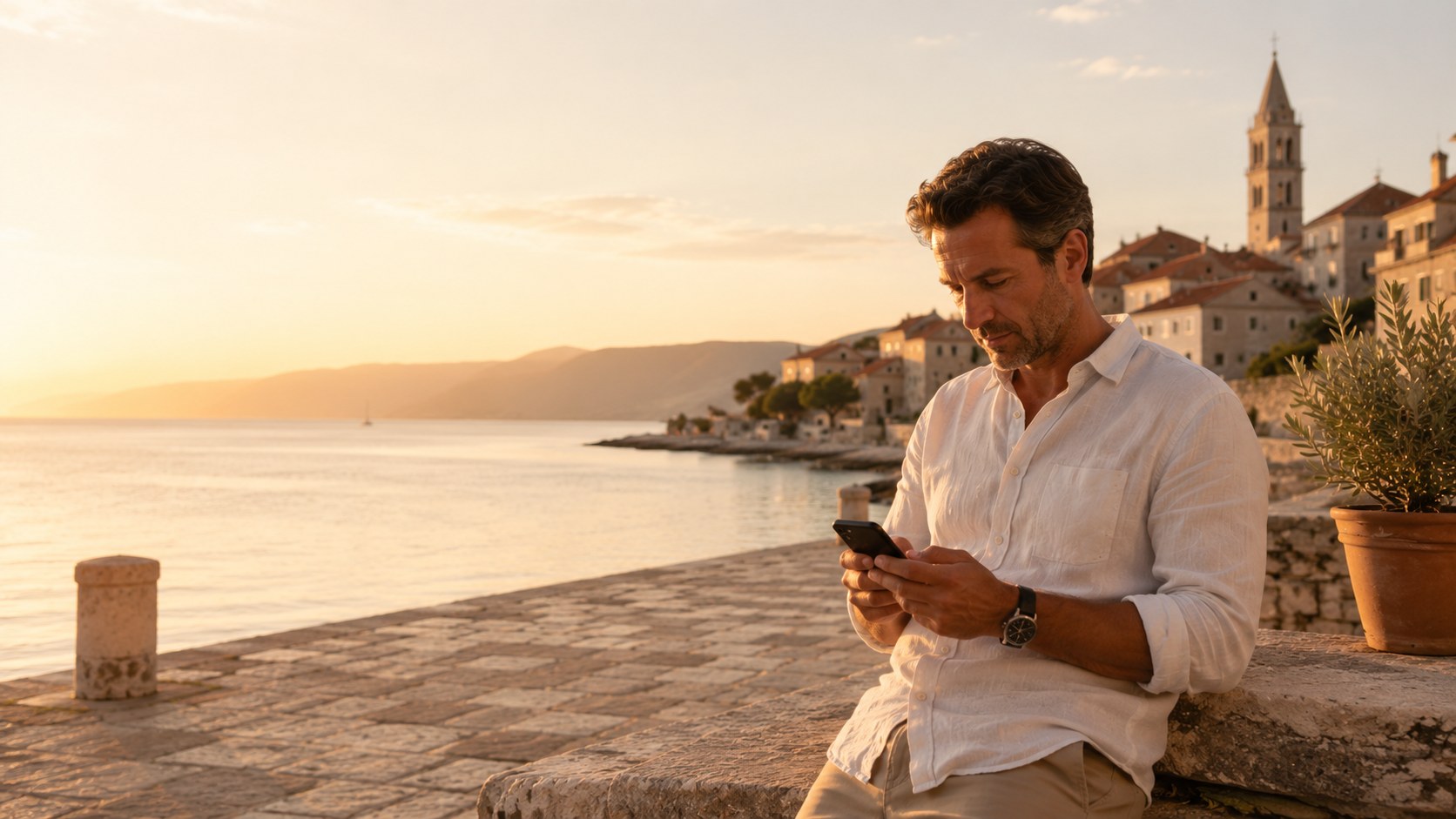 Dvije osobe mirno razjašnjavaju upit na mediteranskoj terasi uz pametni telefon, bilježnicu i ključ.